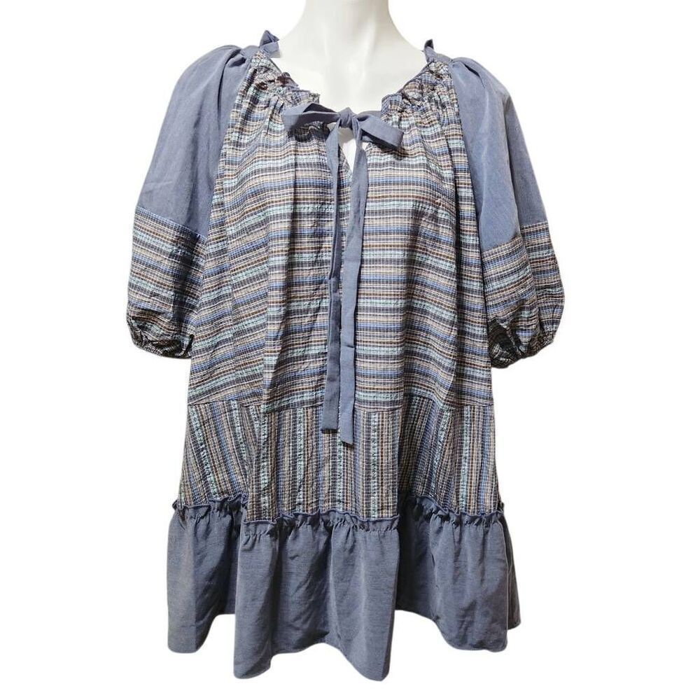 Prairie mini dress tunic tie keyhole neck balloon sleeves oversized XS shein